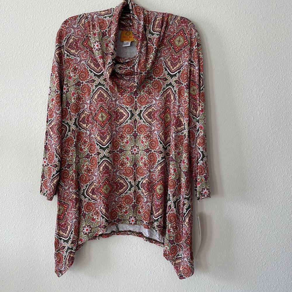 🆕 Ruby Rd. Knit Cowl Neck 3/4 Sleeve Print Sharkbite Hem Top *NWT* $54